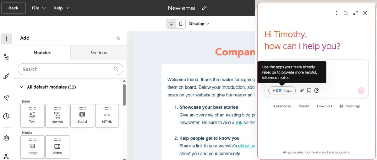 HubSpot Breeze AI assistant interface for content creation and campaign orchestration.